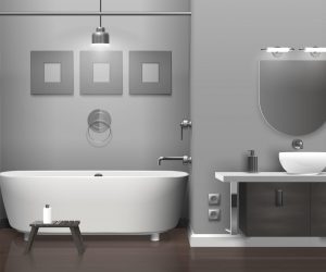 Realistic bathroom interior with white tub and sink, decor on grey wall, vase on floor vector illustration